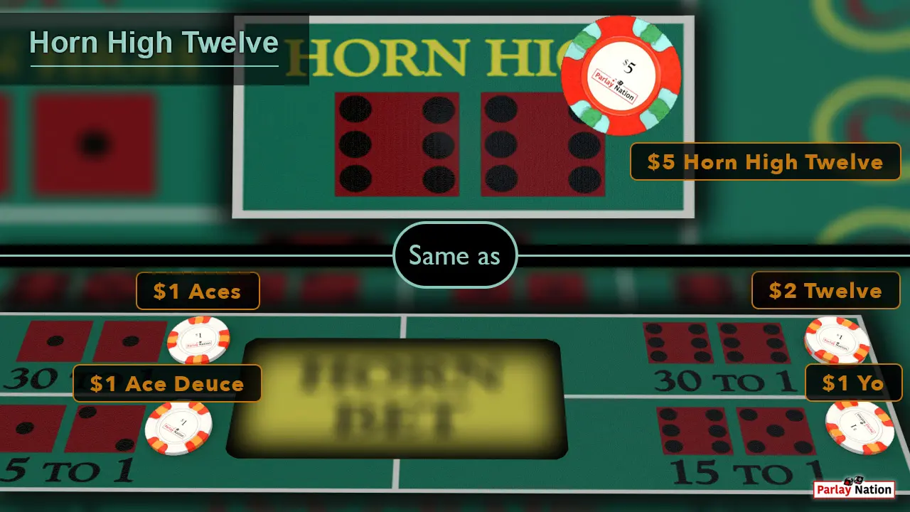 $5 Horn High Twelve Split image. On top is $5 on the Horn High Twelve. On bottom is $1 each on the aces, ace deuce, and yo. There are two dollars on the twelve.